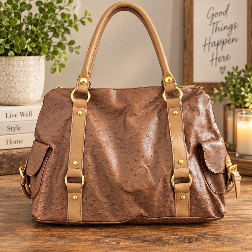 MARK for Avon Faux Ostritch Bag Tote Caramel color Roomy 18x12x5 new in Package